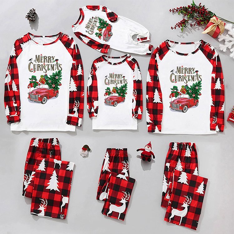 2024 Christmas Pajamas Blank White And Red Plaid Xmas Christmas Car Delivering Gifts Pjs Set Family Matching Christmas Pyjamas