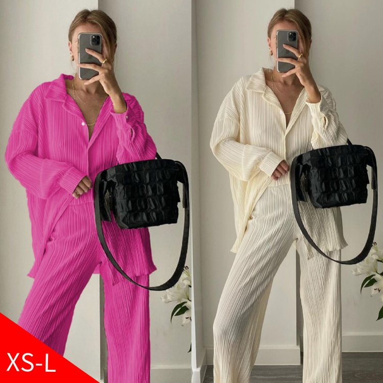 Fashion Casual Loose Pleated Co Ord Long Sleeve Blouses Wide Leg Pants Crepe Plisse Beige Elegant Two Piece Pants Set