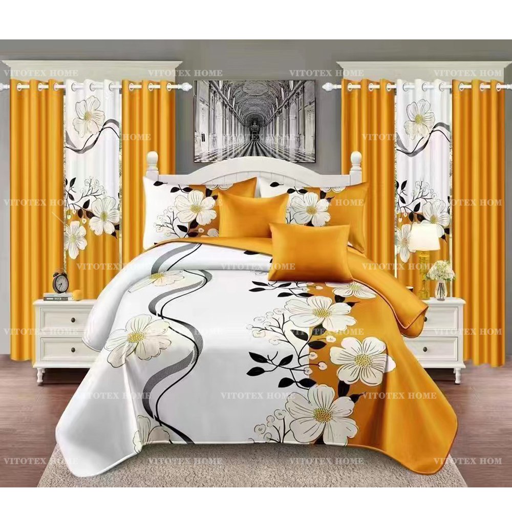 Vitotex China Factory Bed room set 6pc printed microfiber bedsheet set with 2pcs printed curtains king size