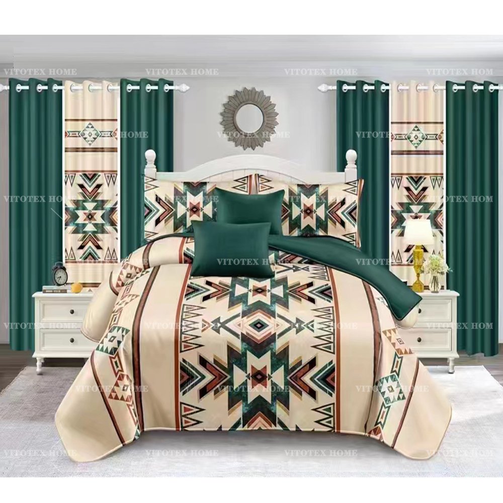 Vitotex China Factory Bed room set 6pc printed microfiber bedsheet set with 2pcs printed curtains king size