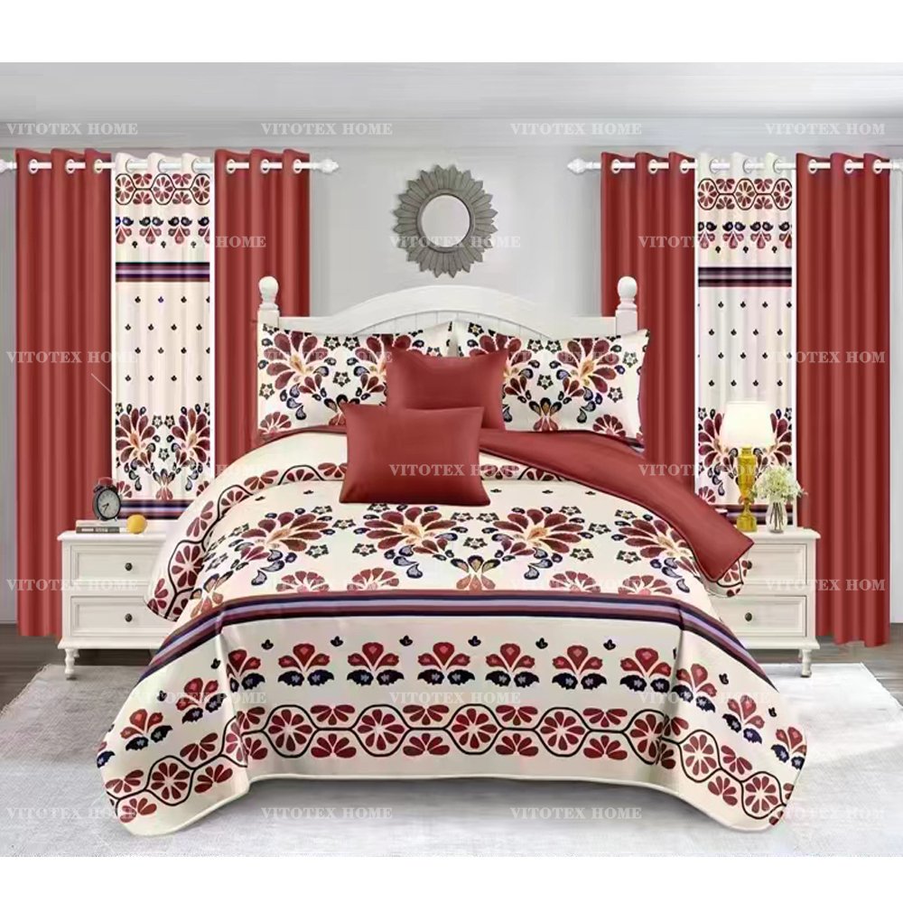 Vitotex China Factory Bed room set 6pc printed microfiber bedsheet set with 2pcs printed curtains king size
