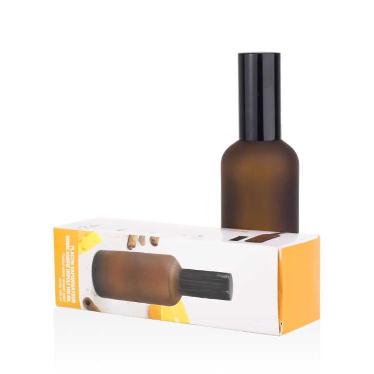 Frosted amber standard essential oil glass spray bottles with black sprayer cap 30ml 50ml 100ml Matching customized paper box
