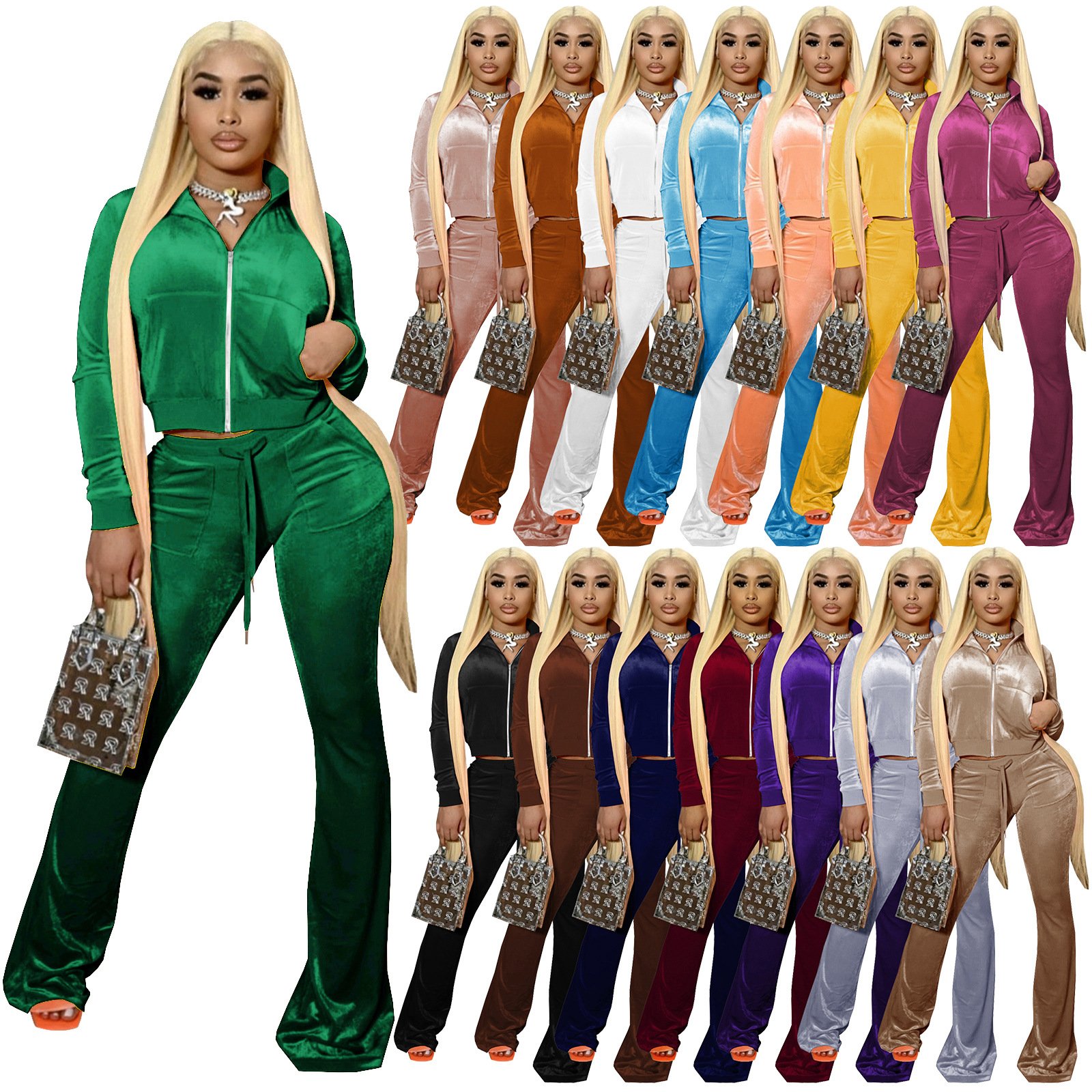 Hot Selling 2 Piece Velvet Set Women Pocketed Zipper Crop Top And Boot Cut Pants Two Piece Set Womens Streetwear Matching Set