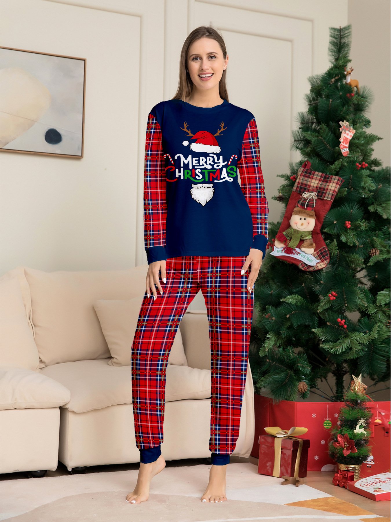 Ready to ship Cartoon Matching Family Pajamas Sets Long Sleeve Christmas Plaid Pjs Plaid Kids Christmas Pajamas