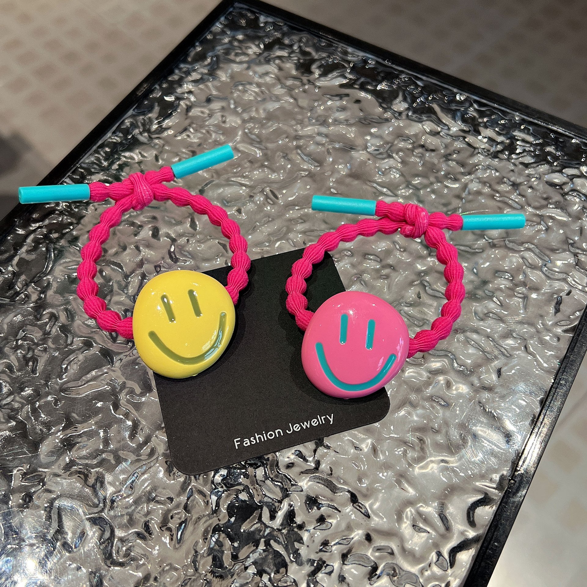 Qianjin Wholesale Summer Bright Eyes Color Matching Hairband High Ponytail Hair Accessory Acrylic Smiley Face Hair Tie