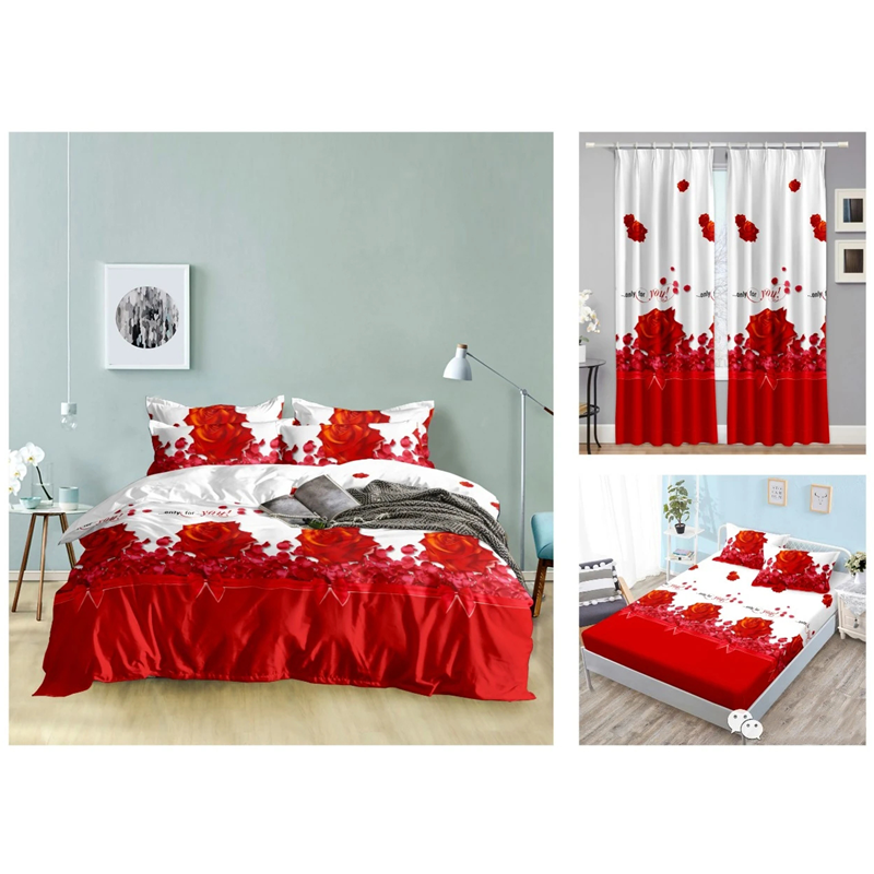 Customized 100% Polyester Printed Heart Love Patterns Bed Sheet Bedroom bedding Set Matching Curtain