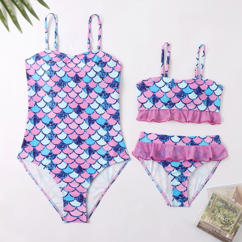 Teen Swimsuit Sweet Smile Printed Striped Bikini Mommy & me Monokini Family Matching Swimwear For Mother Daughter