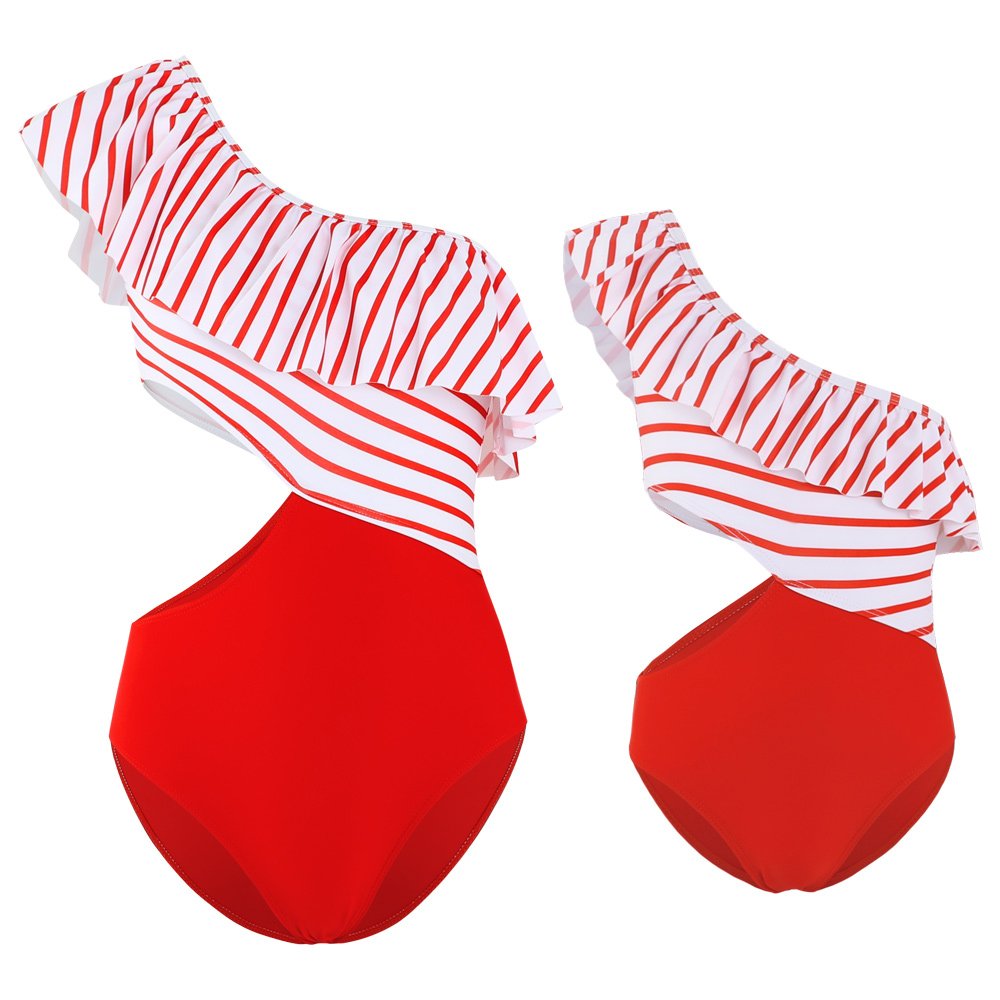 Teen Swimsuit Sweet Smile Printed Striped Bikini Mommy & me Monokini Family Matching Swimwear For Mother Daughter
