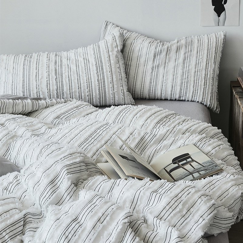Wholesale Queen Gray Bedding Set Modern Full Size Cotton with Jacquard Stripes 4-Pieces Set Matching Pillow Shams Quilt Cover