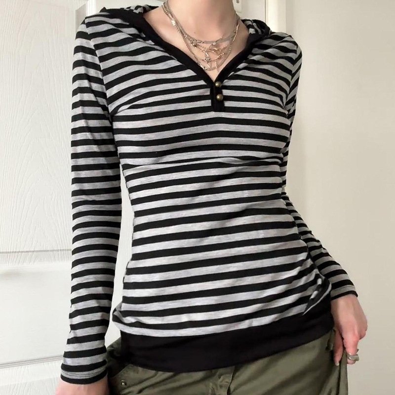Retro classic color matching striped hooded women simple casual all-match slimming short top