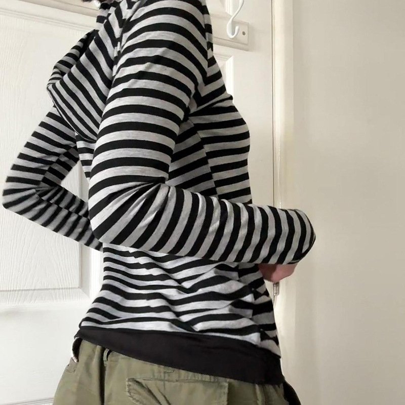 Retro classic color matching striped hooded women simple casual all-match slimming short top