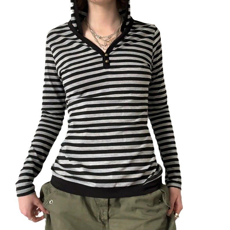 Retro classic color matching striped hooded women simple casual all-match slimming short top