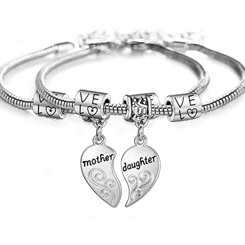 2PCS Matching Heart Mother Daughter Bracelets Mother Daughter Jewelry Set Gift for Mom