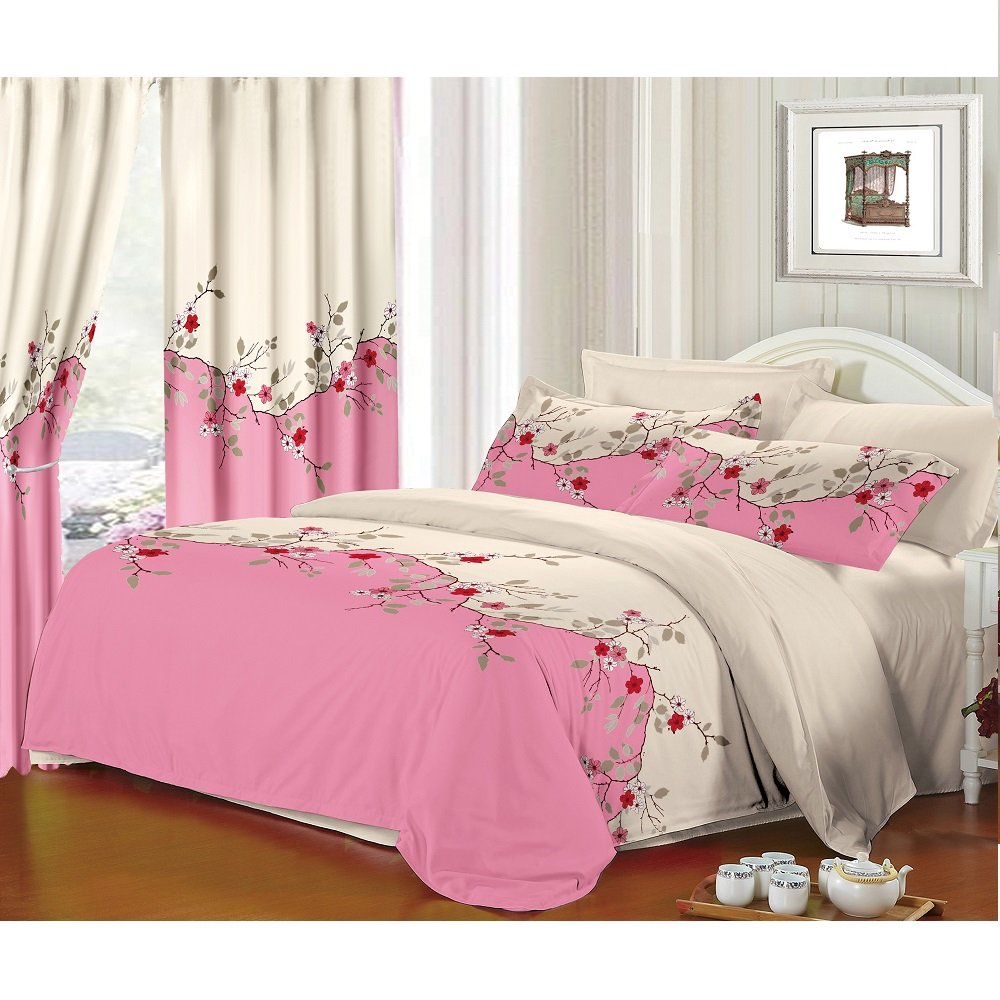 6Pcs Kit Bedding Sheet Set With Match Curtains Available In Full Queen King Size