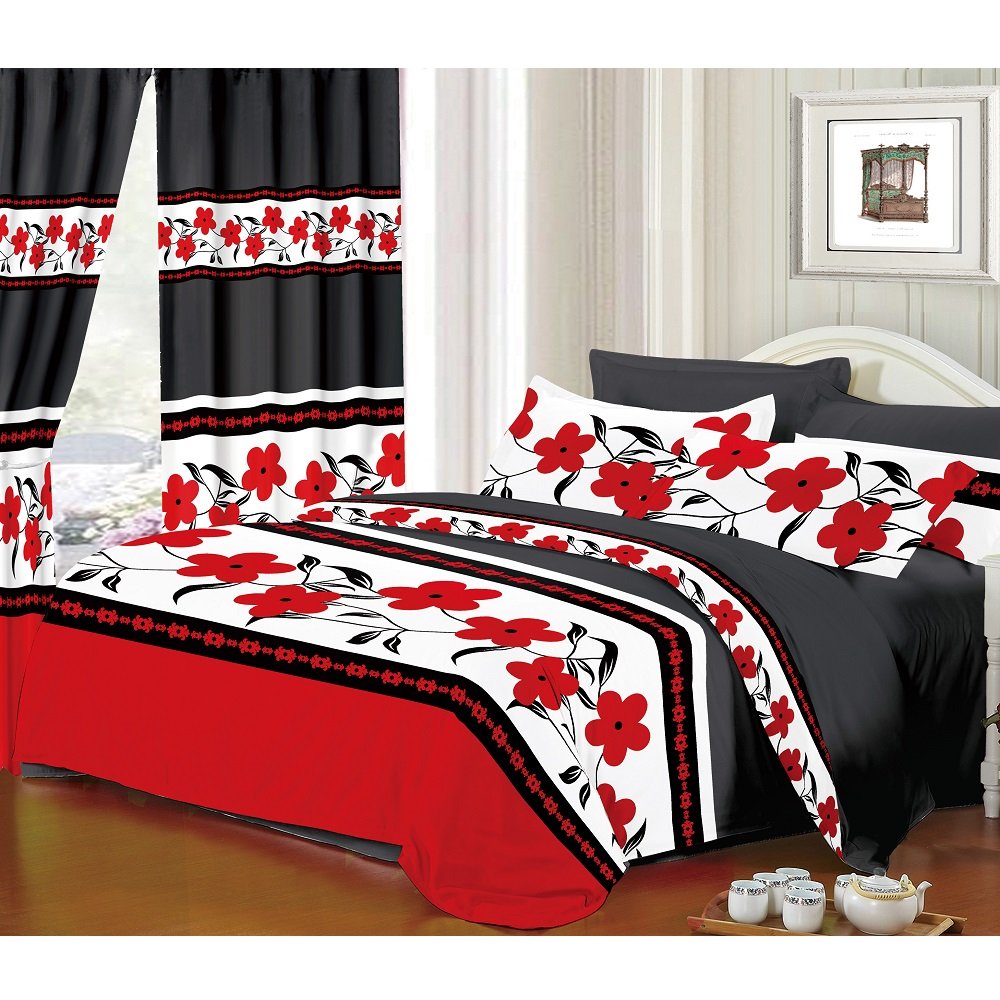 6Pcs Kit Bedding Sheet Set With Match Curtains Available In Full Queen King Size