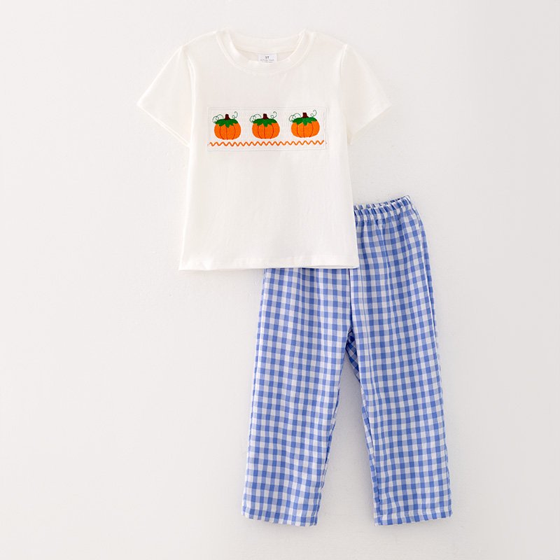 In Stock Kids Smocked Clothing Infant Baby Toddler Halloween Girls Boys Sibling Matching Pumpkin Embroidered Dress Outfit Romper