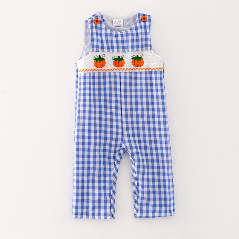 In Stock Kids Smocked Clothing Infant Baby Toddler Halloween Girls Boys Sibling Matching Pumpkin Embroidered Dress Outfit Romper