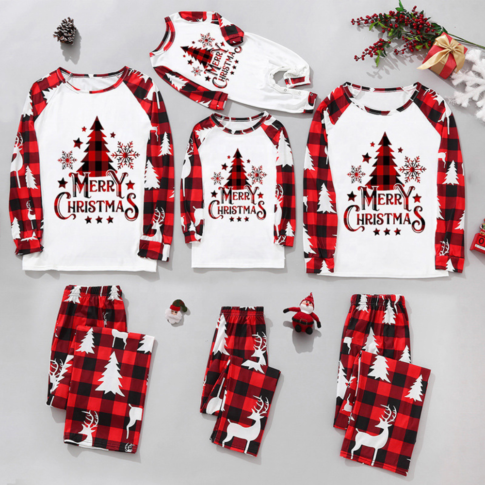 Fashion Family Christmas Pajama Set Matching Cotton Plus Size Outfit Print Cartoon Tree Sleepwear For Holiday