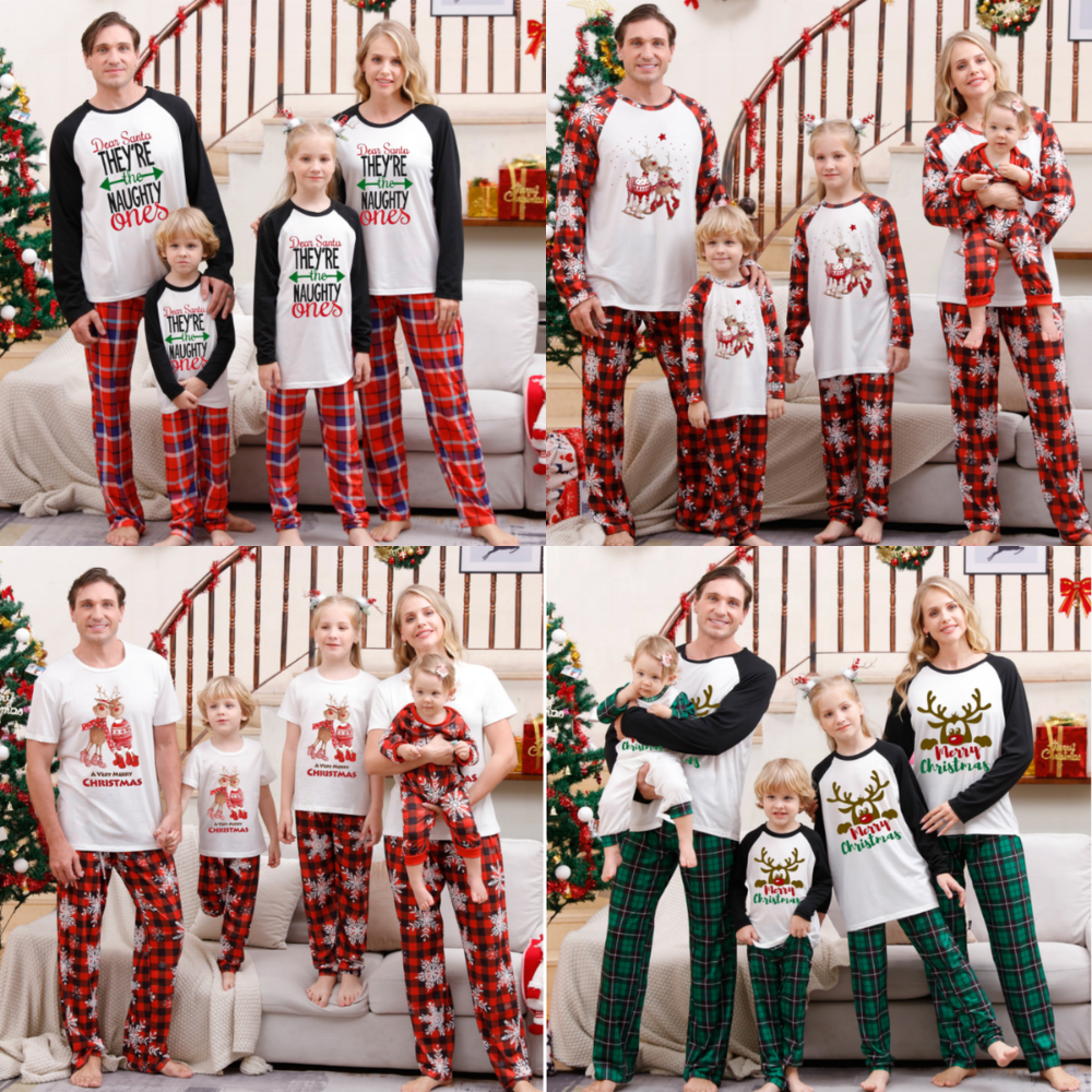 Fashion Family Christmas Pajama Set Matching Cotton Plus Size Outfit Print Cartoon Tree Sleepwear For Holiday
