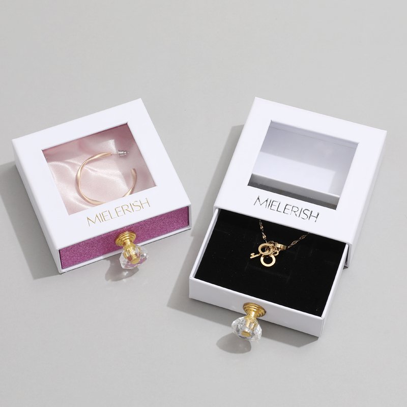 Custom Logo Satin Crystal Jewellery Gift Packaging Box Drawer Jewelry Necklaces Bracelets Earrings Box with PVC Window