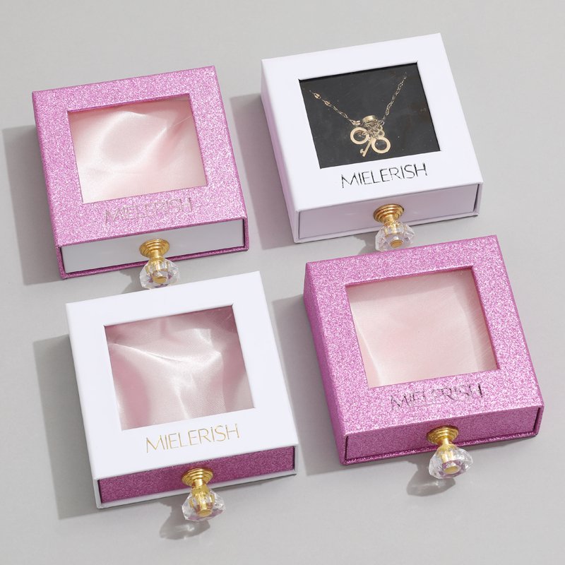 Custom Logo Satin Crystal Jewellery Gift Packaging Box Drawer Jewelry Necklaces Bracelets Earrings Box with PVC Window