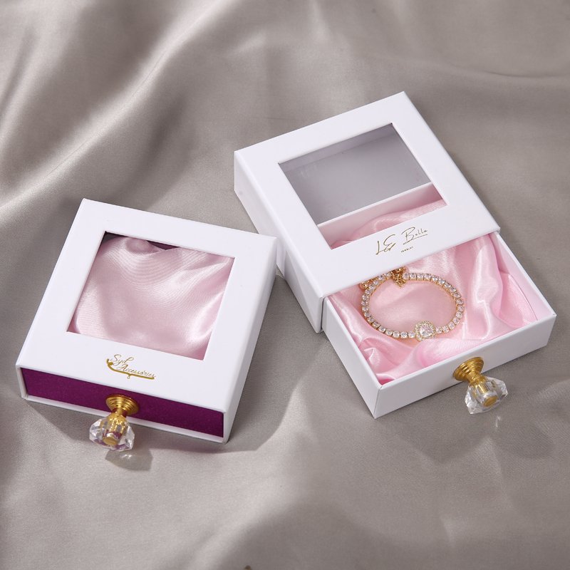 Custom Logo Satin Crystal Jewellery Gift Packaging Box Drawer Jewelry Necklaces Bracelets Earrings Box with PVC Window