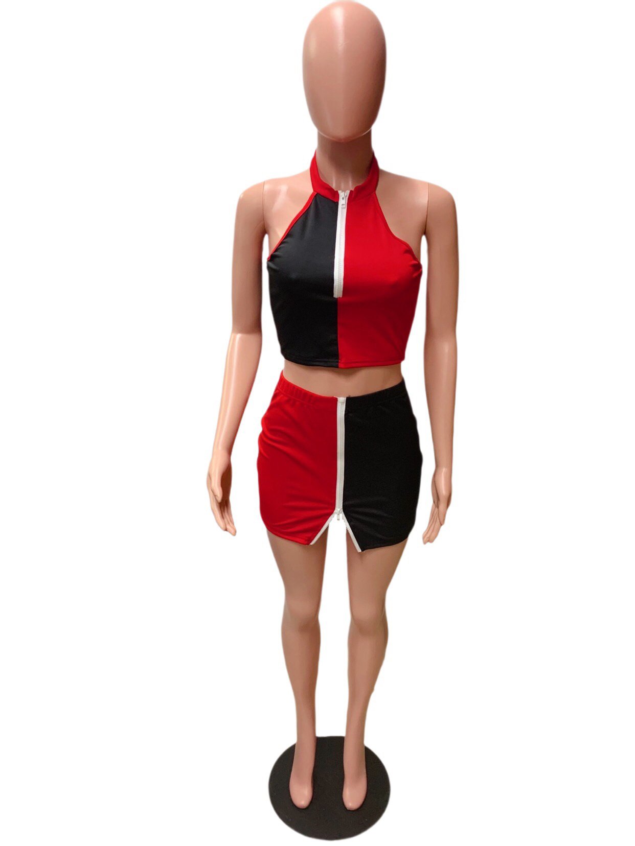 Sharee Summer New Arrival Sexy Party Skirts Sets Halter Crop Top High Waist Skirt Matching Patchwork Zipper 2 Piece Set Women