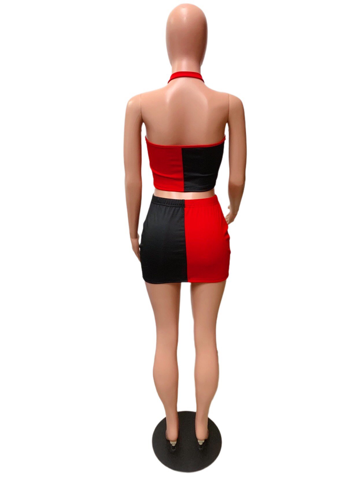 Sharee Summer New Arrival Sexy Party Skirts Sets Halter Crop Top High Waist Skirt Matching Patchwork Zipper 2 Piece Set Women