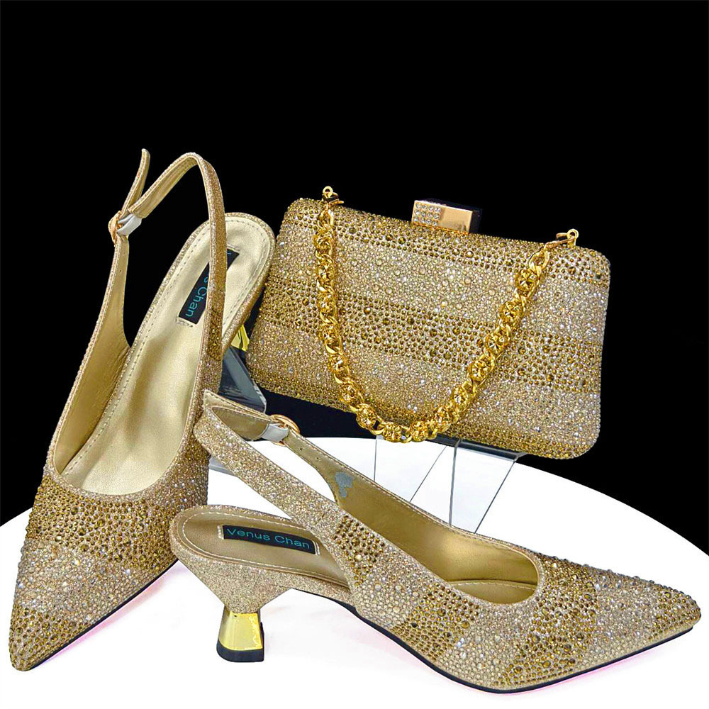 wholesale Beautiful Women Design Italian Shoes Bag Set With Stones Pu Material Shoes Matching Bag Set For Wedding Occasion