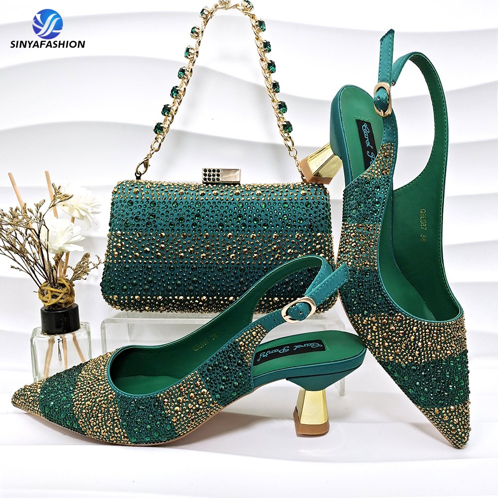 wholesale Beautiful Women Design Italian Shoes Bag Set With Stones Pu Material Shoes Matching Bag Set For Wedding Occasion