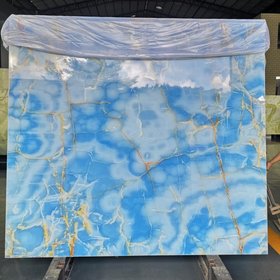 Sky blue marmor onyx book match translucent onyx wall panel cladding decoration golden veins marble for wall
