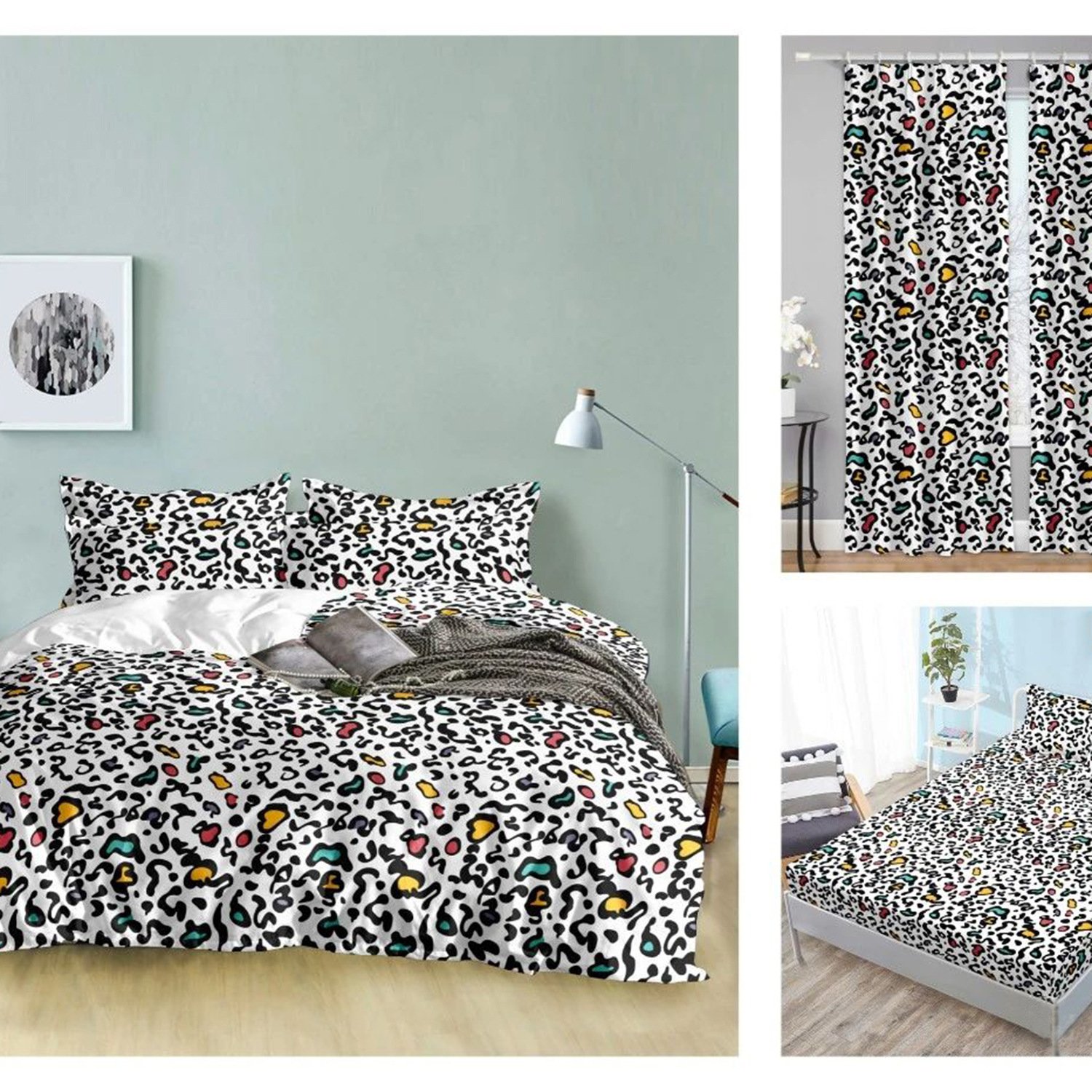 Polyester Printed White Black Heart Patterns Bed Sheets Cotton Bedroom bedding Set Matching Curtains
