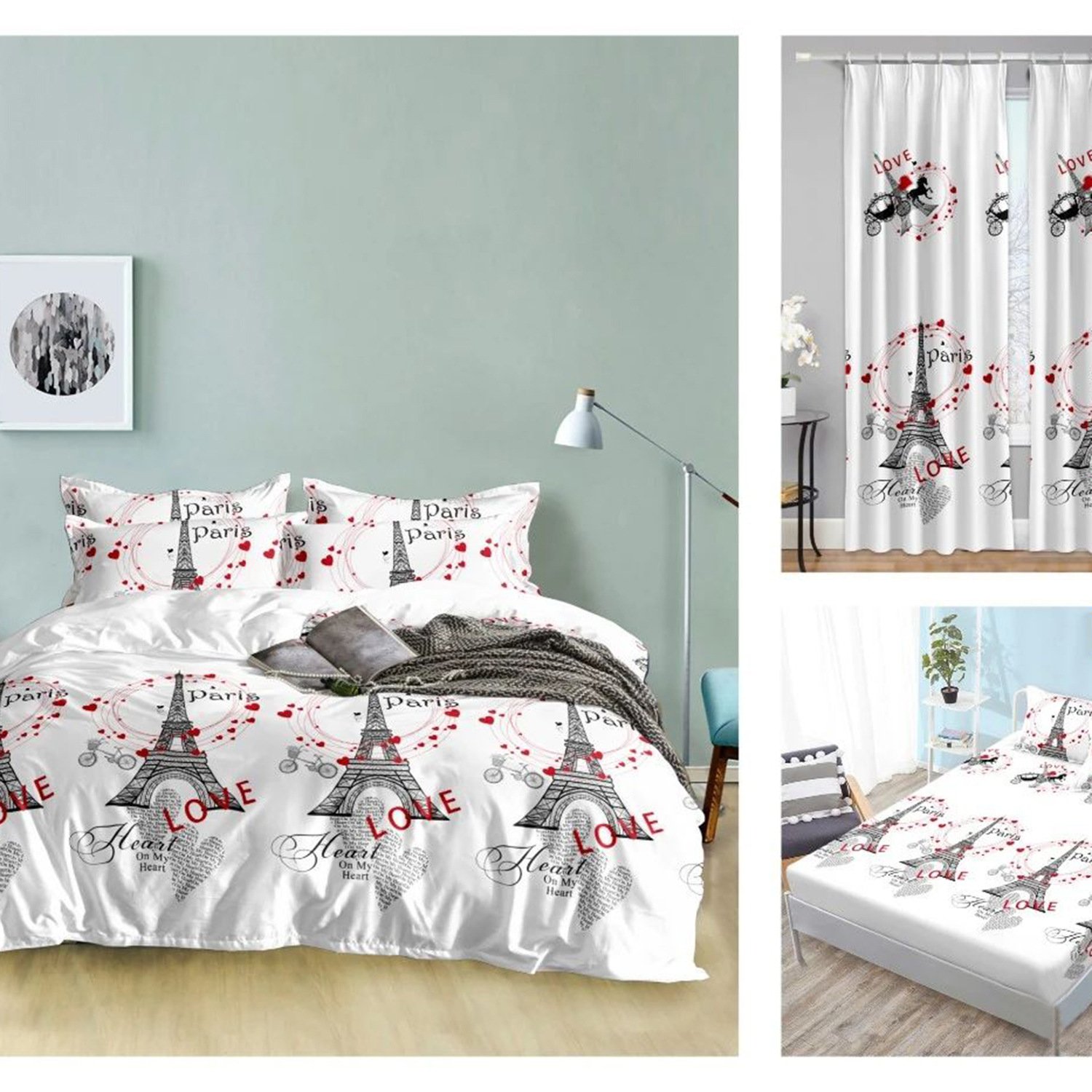 Polyester Printed White Black Heart Patterns Bed Sheets Cotton Bedroom bedding Set Matching Curtains
