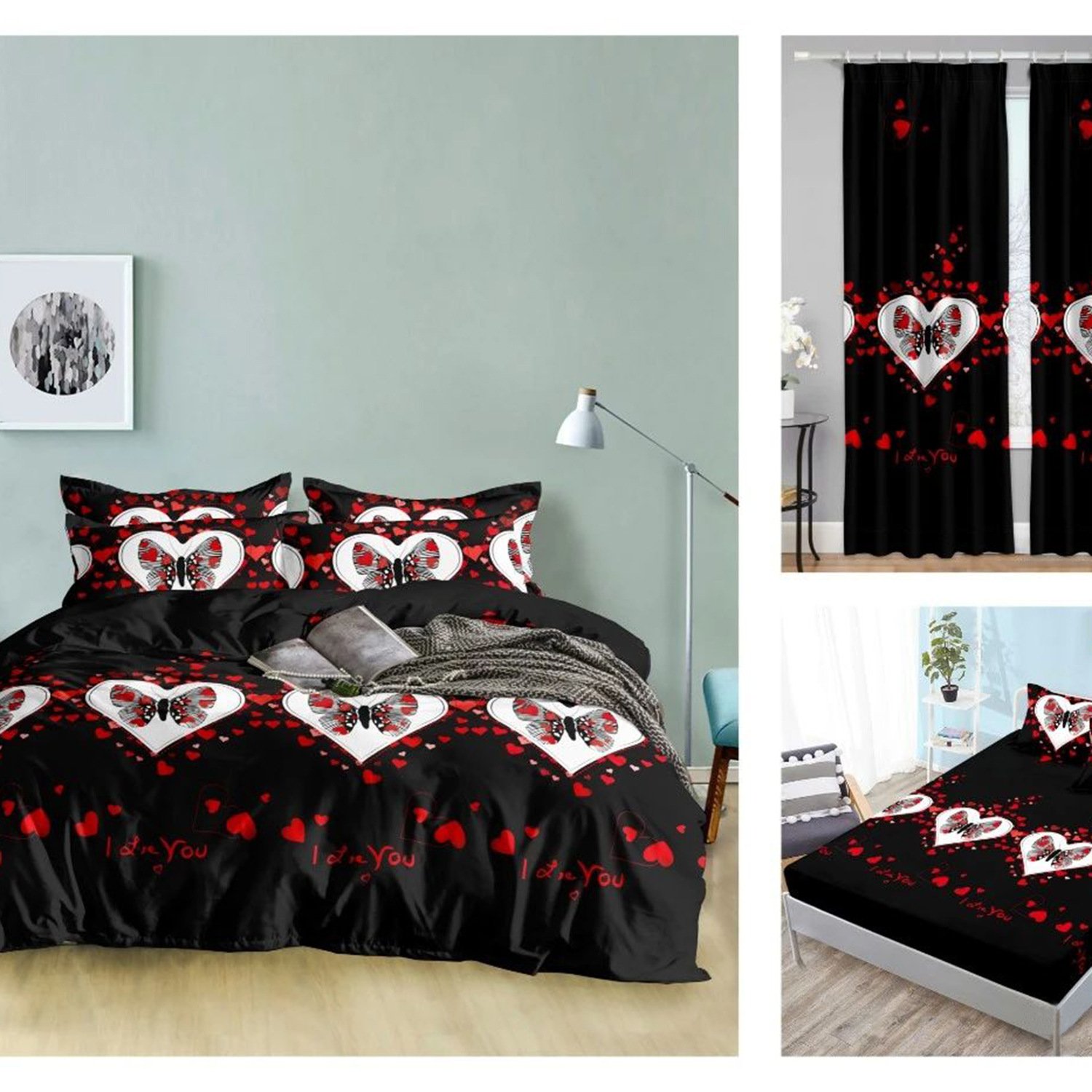Polyester Printed White Black Heart Patterns Bed Sheets Cotton Bedroom bedding Set Matching Curtains