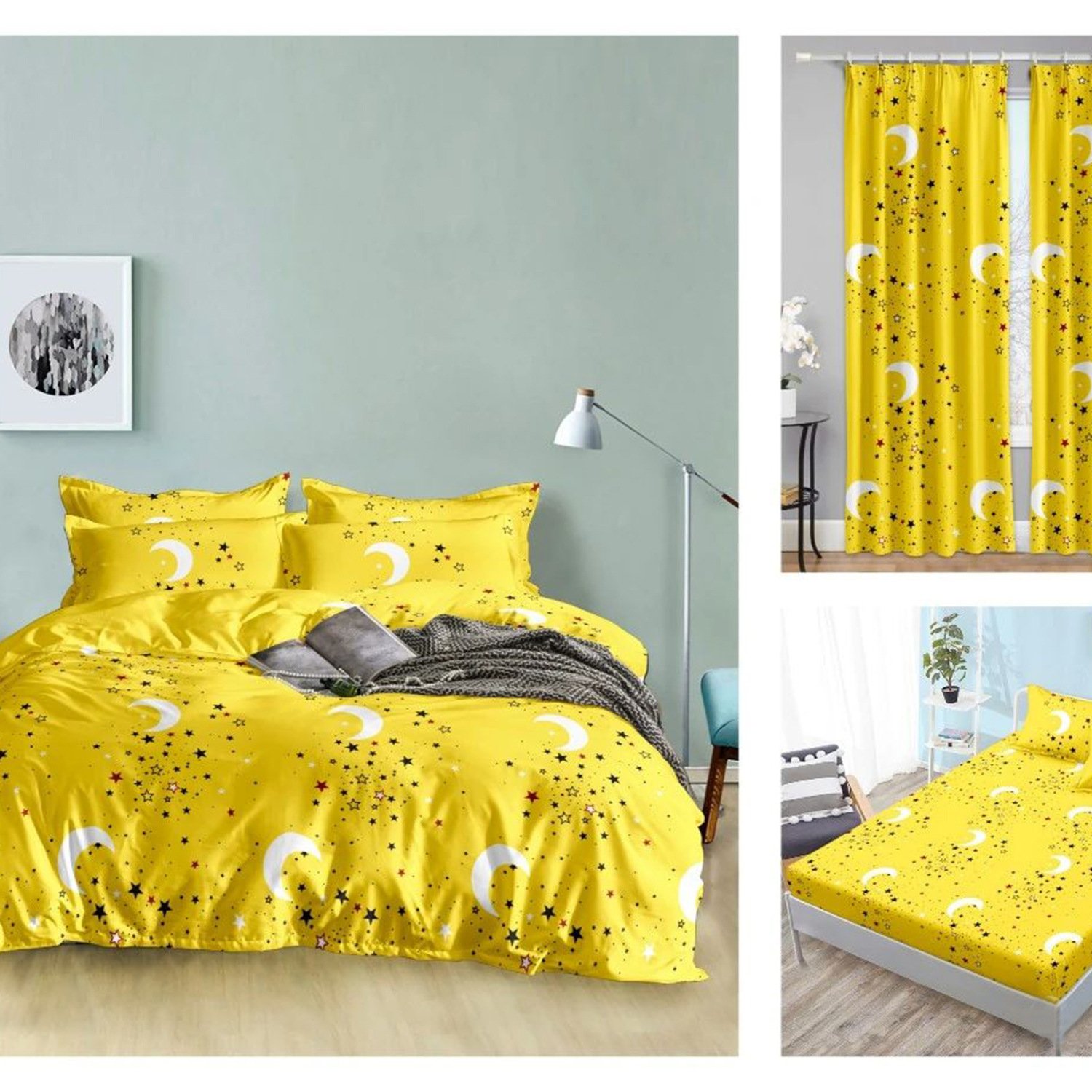 Polyester Printed White Black Heart Patterns Bed Sheets Cotton Bedroom bedding Set Matching Curtains