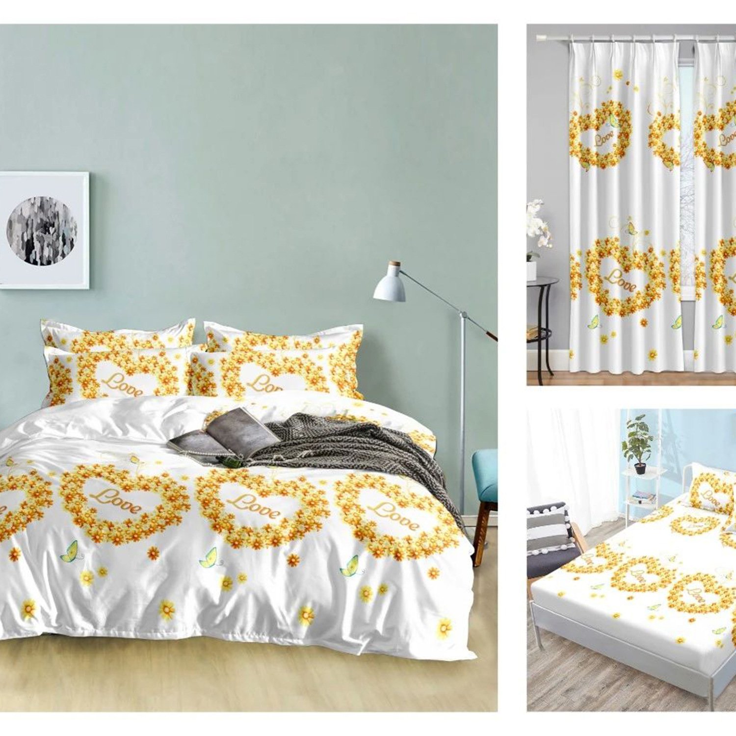 Polyester Printed White Black Heart Patterns Bed Sheets Cotton Bedroom bedding Set Matching Curtains