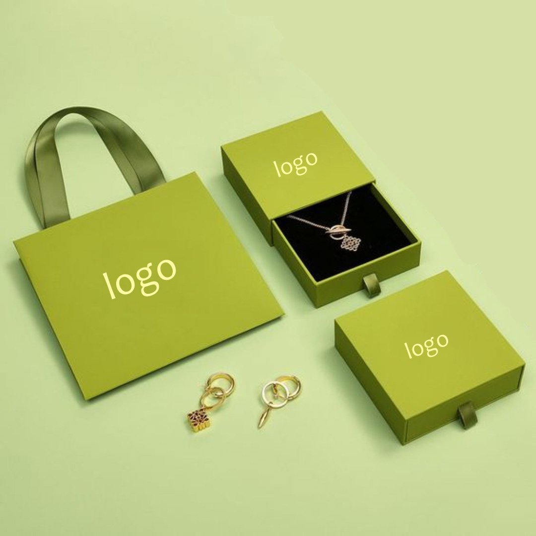Luxury Cardboard Drawer Jewelry Box with Ribbon Handle & Velvet EVA Insert Matching Paper Bag Set