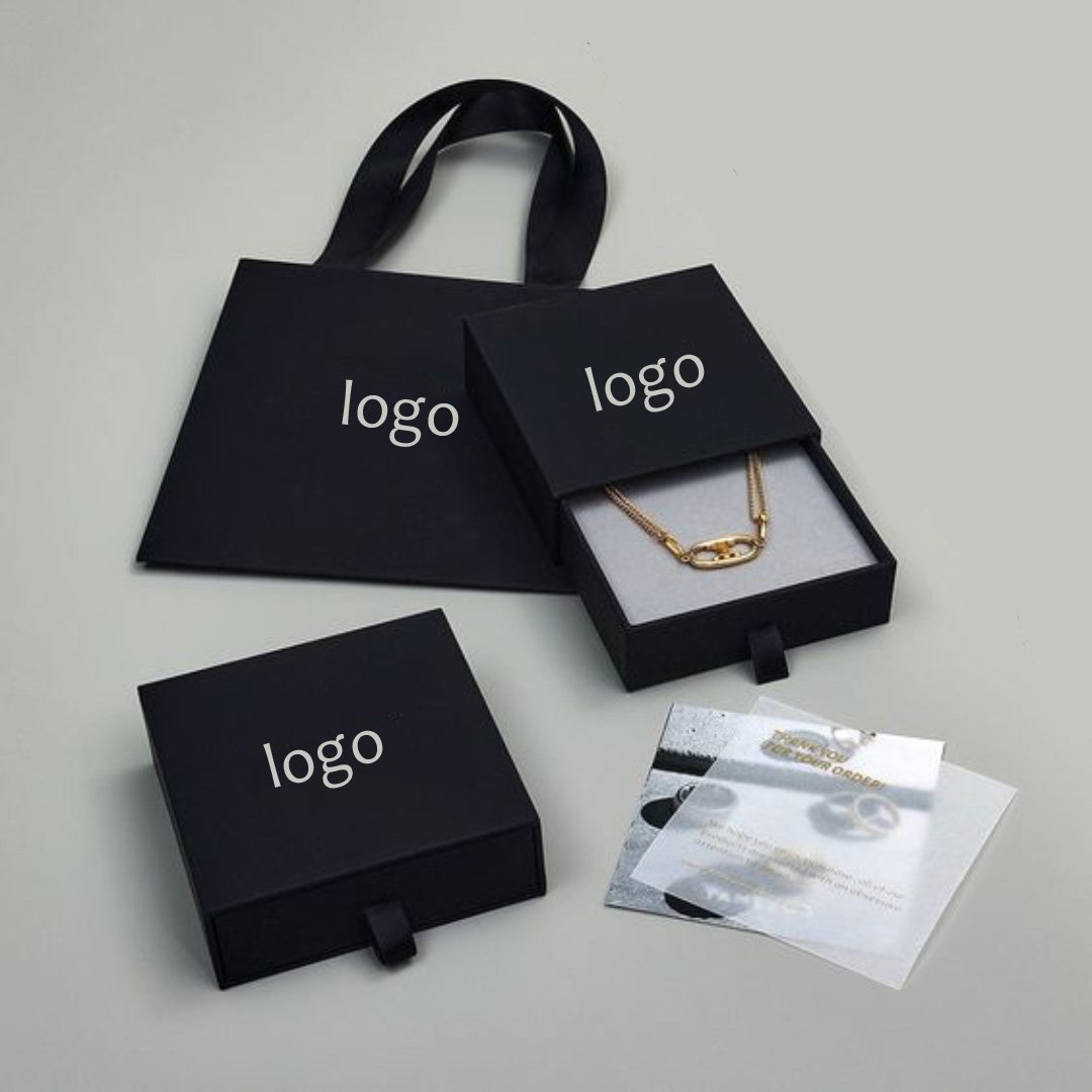 Luxury Cardboard Drawer Jewelry Box with Ribbon Handle & Velvet EVA Insert Matching Paper Bag Set