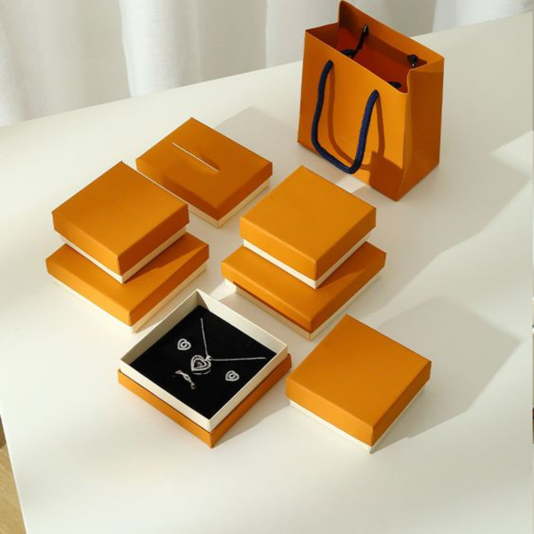 Luxury Cardboard Drawer Jewelry Box with Ribbon Handle & Velvet EVA Insert Matching Paper Bag Set
