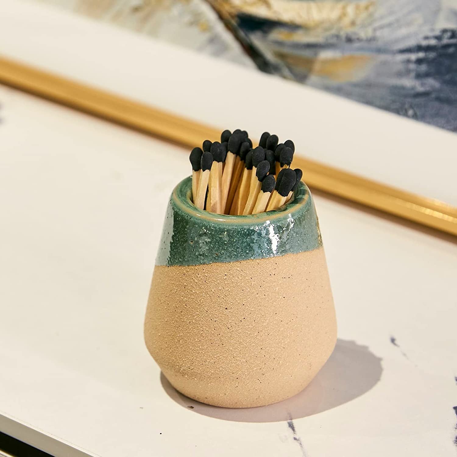 Creative Glazed Ceramic Match Holder with Striker Stoneware Candle Jar Round Matchstick Holder for Fancy Bathroom
