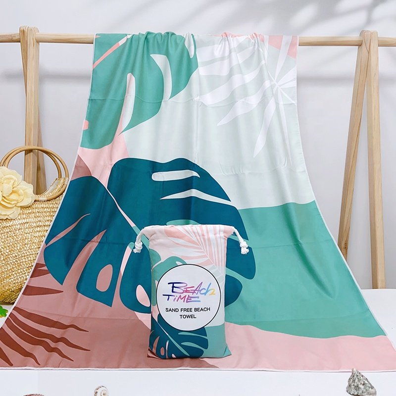 2023 Wholesale Stock Quickest Dry Suede Fabric Sand Free Microfiber Beach Towels with matching pouch bag for Swim, Beach, Gym
