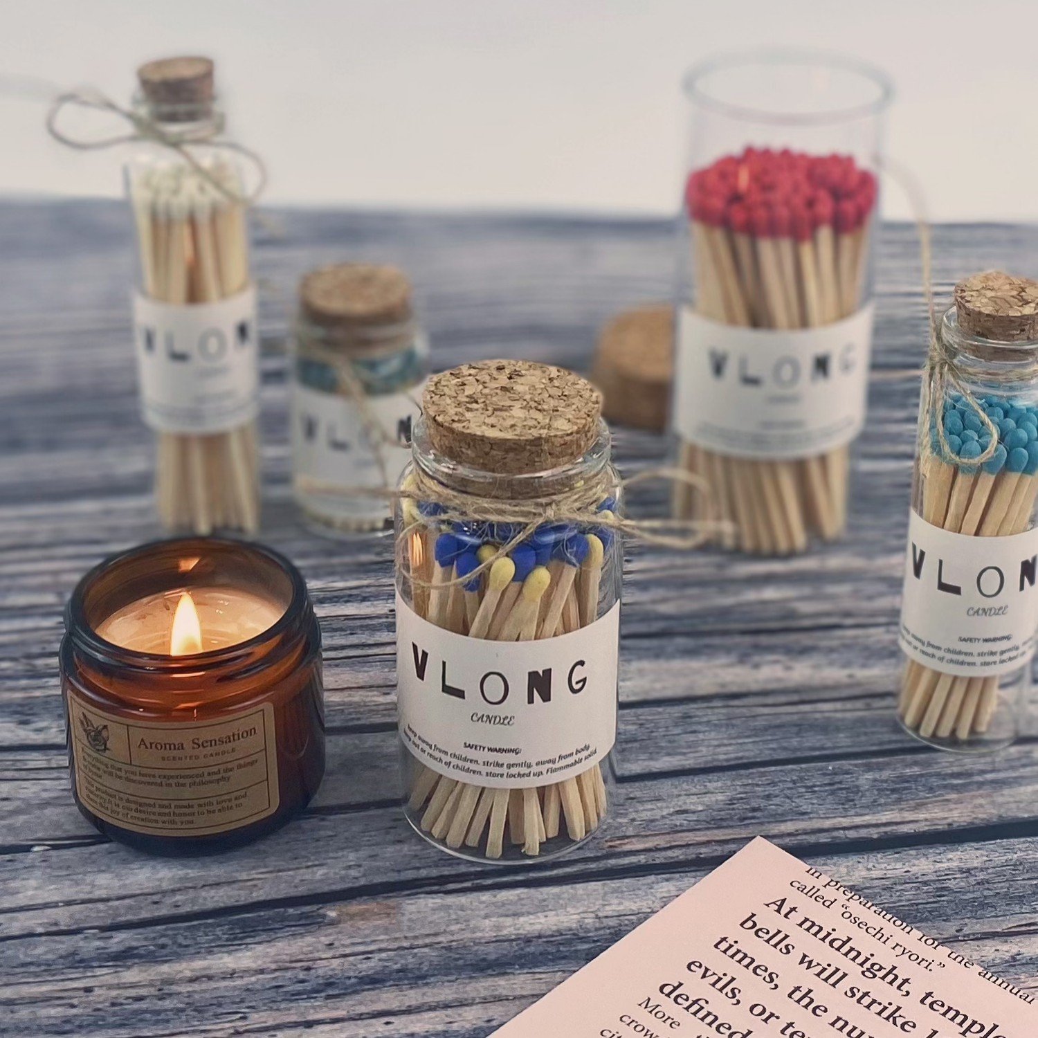 Safety Mini Glass Long Incense Candle Colored Matches Glass Jar with Striking Candle Matches in Glass Jar Match