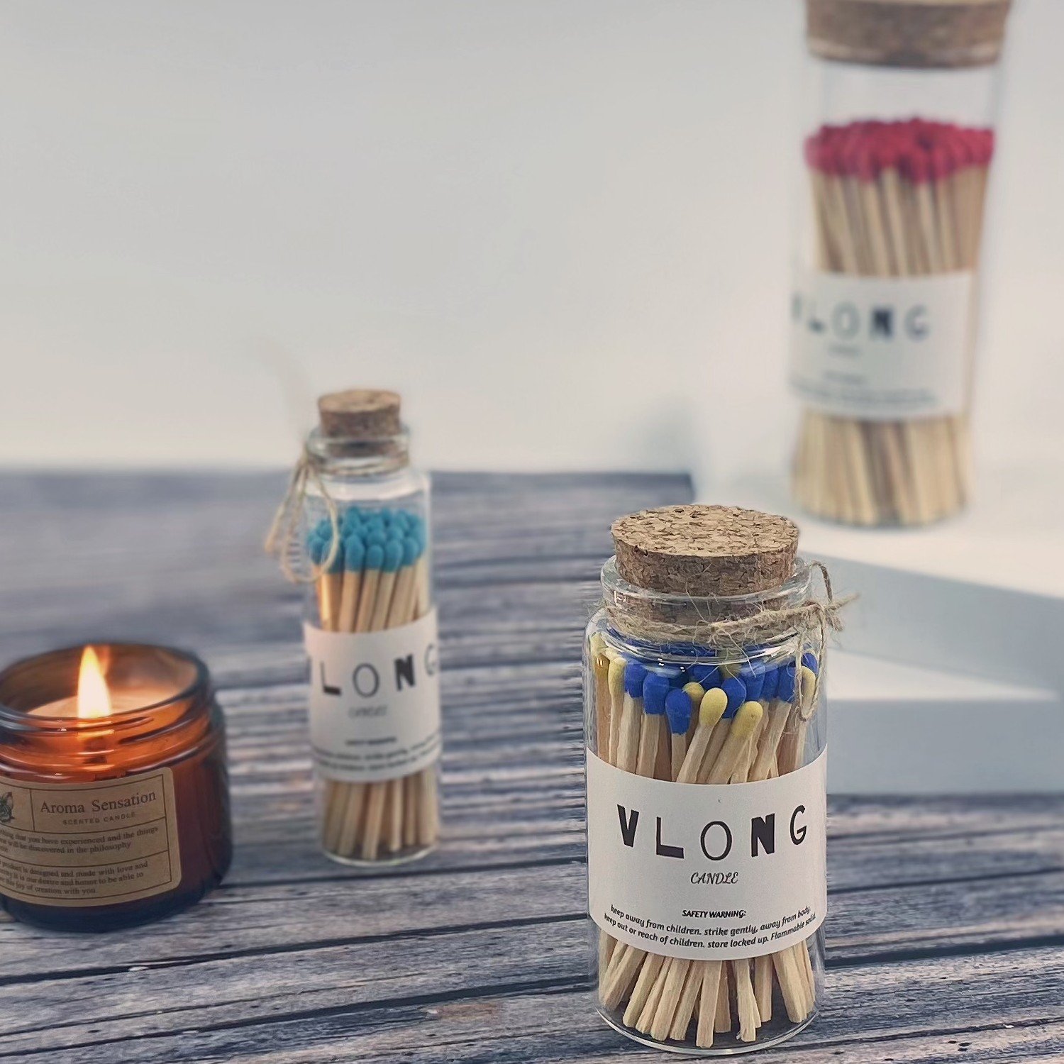 Safety Mini Glass Long Incense Candle Colored Matches Glass Jar with Striking Candle Matches in Glass Jar Match