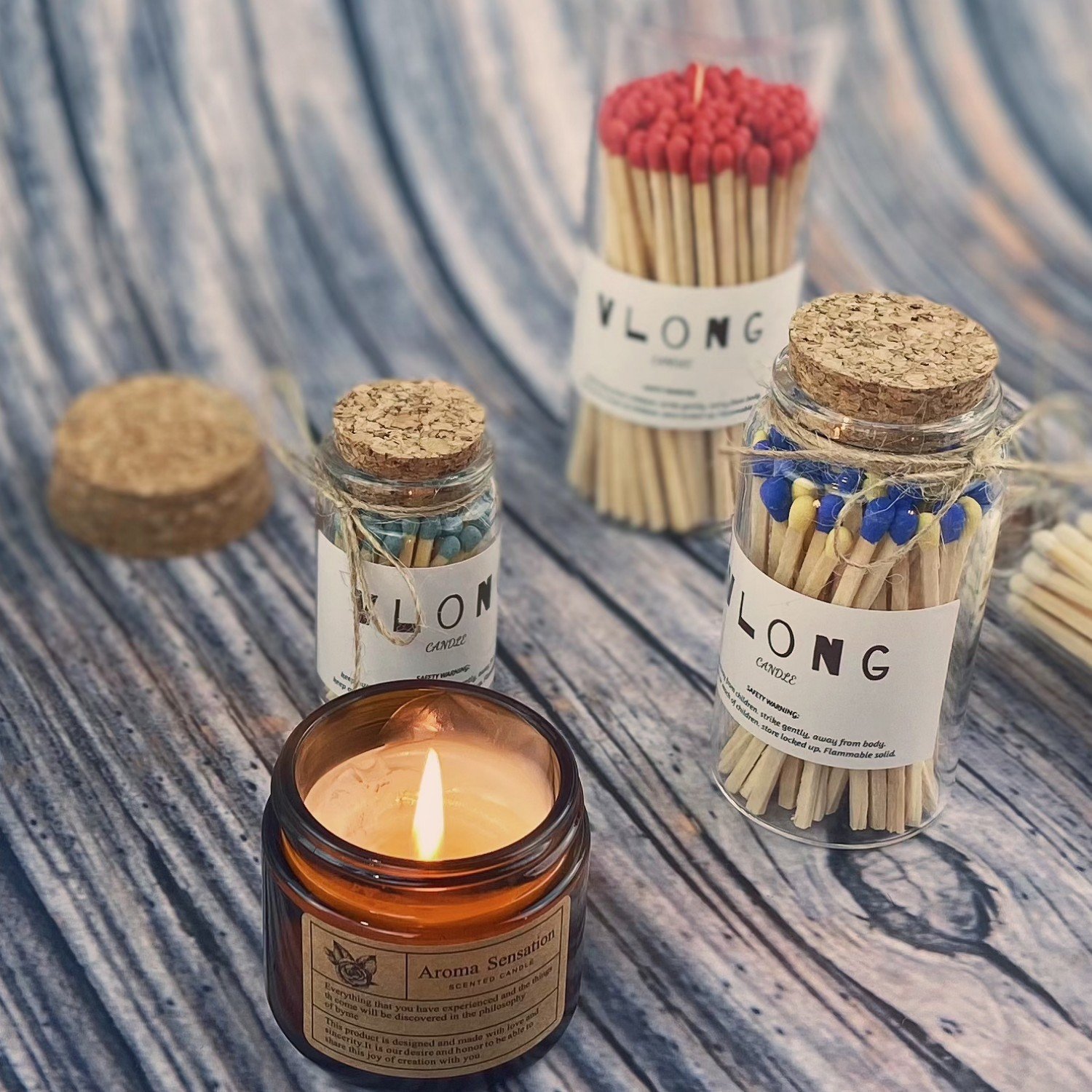 Safety Mini Glass Long Incense Candle Colored Matches Glass Jar with Striking Candle Matches in Glass Jar Match