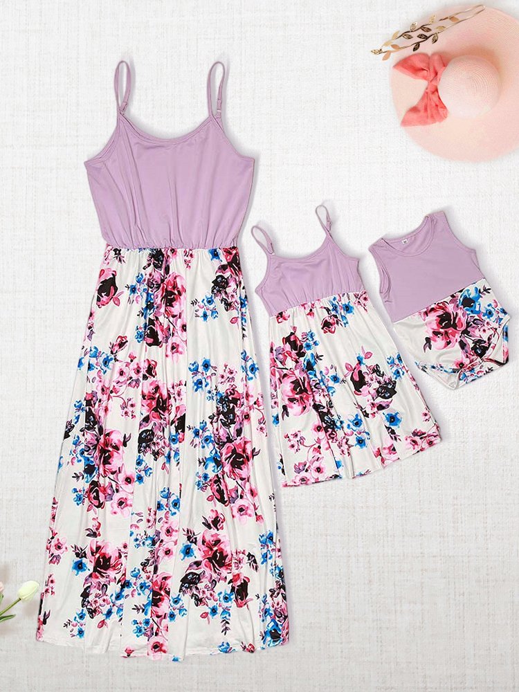 Custom Mother And Daughter Matching Outfits Print Stitching Parent Child Suspender Dress With Children's Dress Private Design