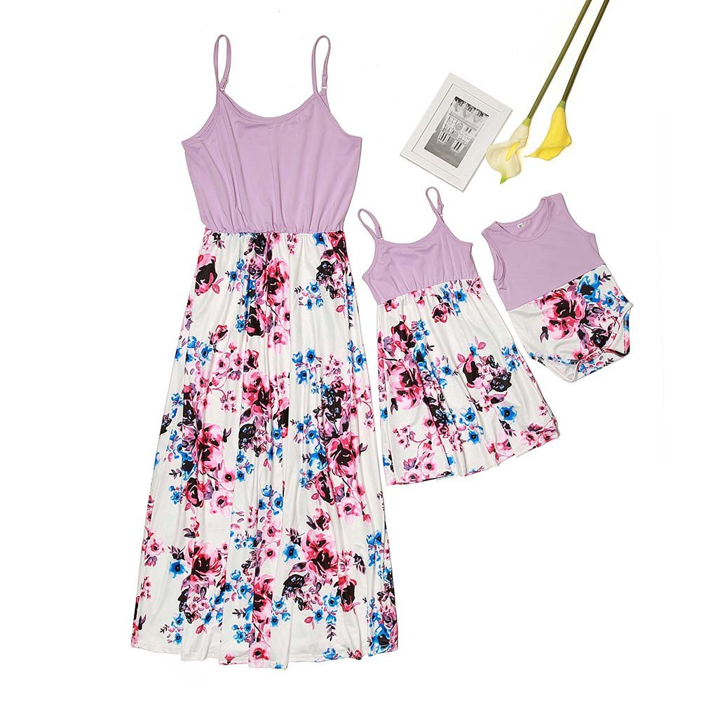 Custom Mother And Daughter Matching Outfits Print Stitching Parent Child Suspender Dress With Children's Dress Private Design