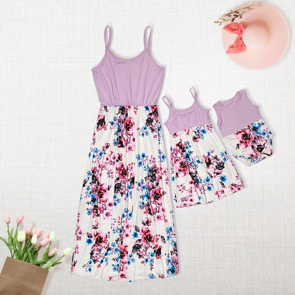 Custom Mother And Daughter Matching Outfits Print Stitching Parent Child Suspender Dress With Children's Dress Private Design