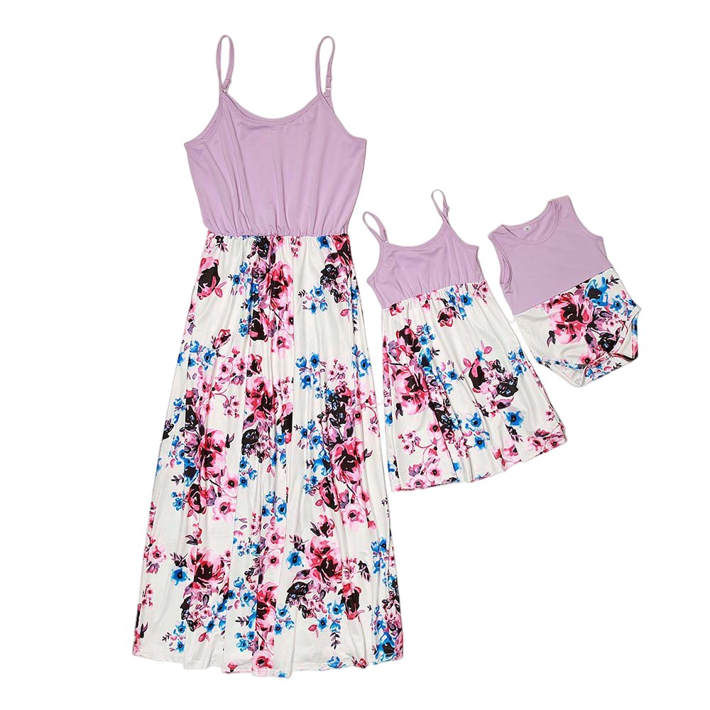 Custom Mother And Daughter Matching Outfits Print Stitching Parent Child Suspender Dress With Children's Dress Private Design
