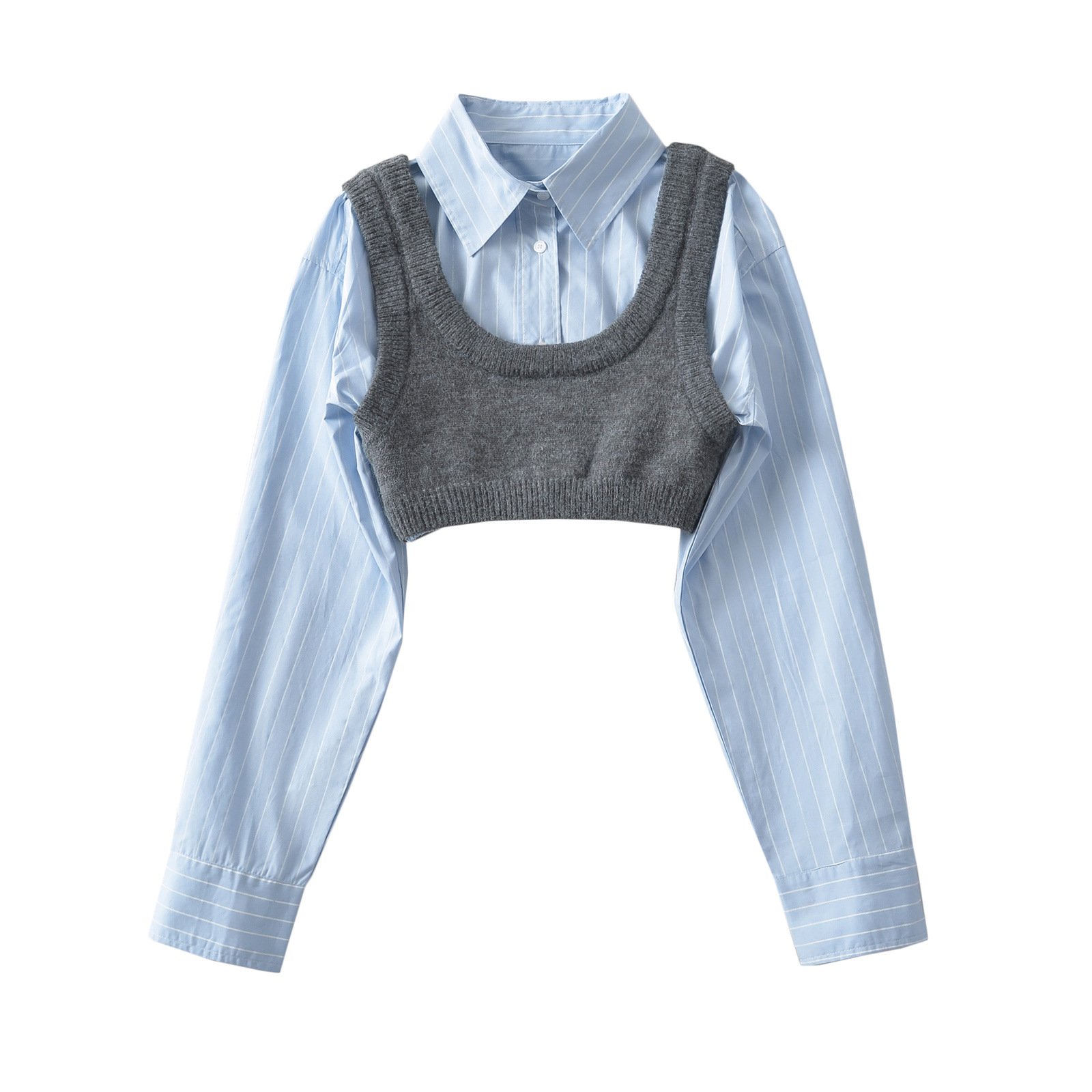 GX4032 Fashion 2024 Spring Fall Lady Unique Long Sleeve Cropped Shirt and Sweater Vest Knitted Blouse 2 pcs Matching Women Tops
