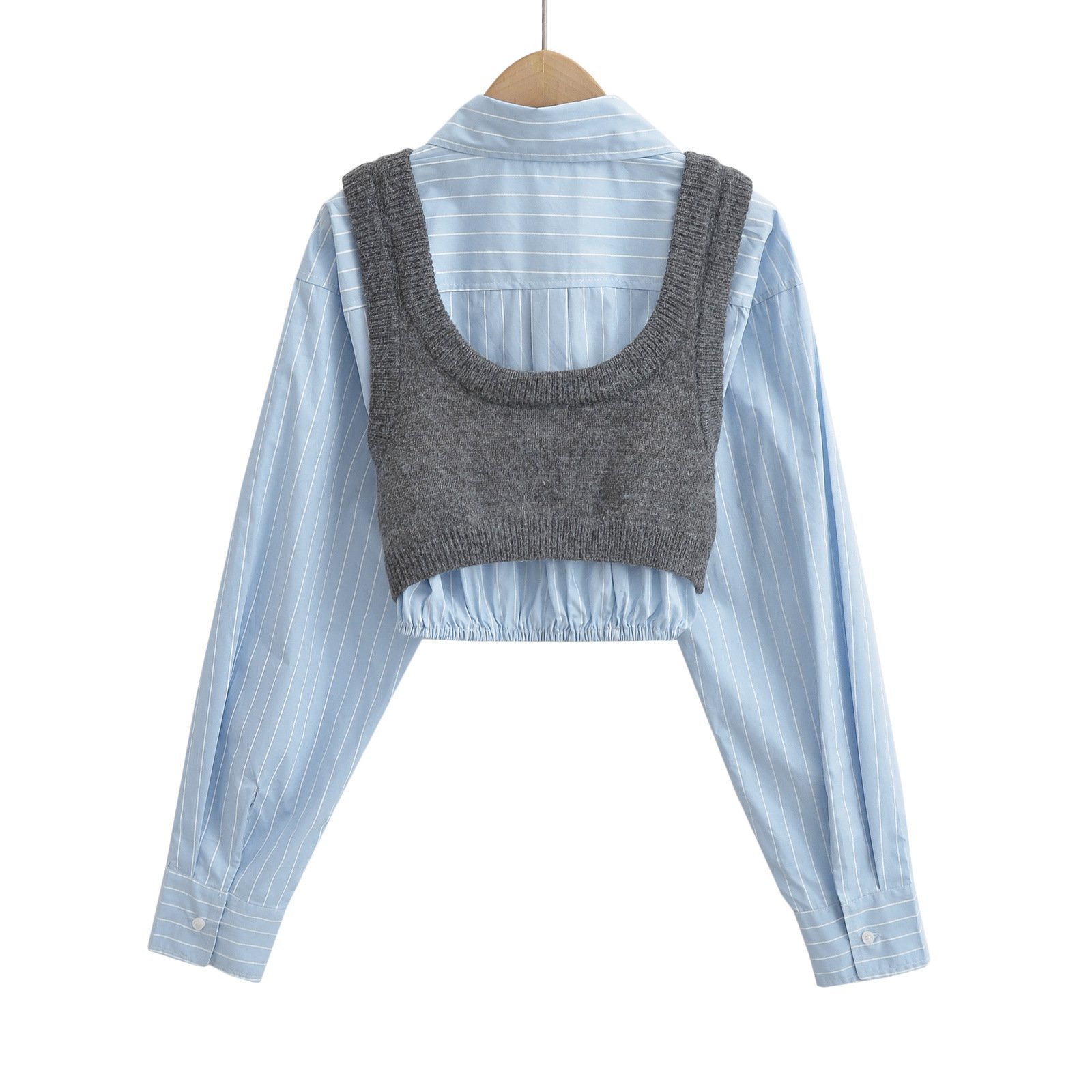 GX4032 Fashion 2024 Spring Fall Lady Unique Long Sleeve Cropped Shirt and Sweater Vest Knitted Blouse 2 pcs Matching Women Tops